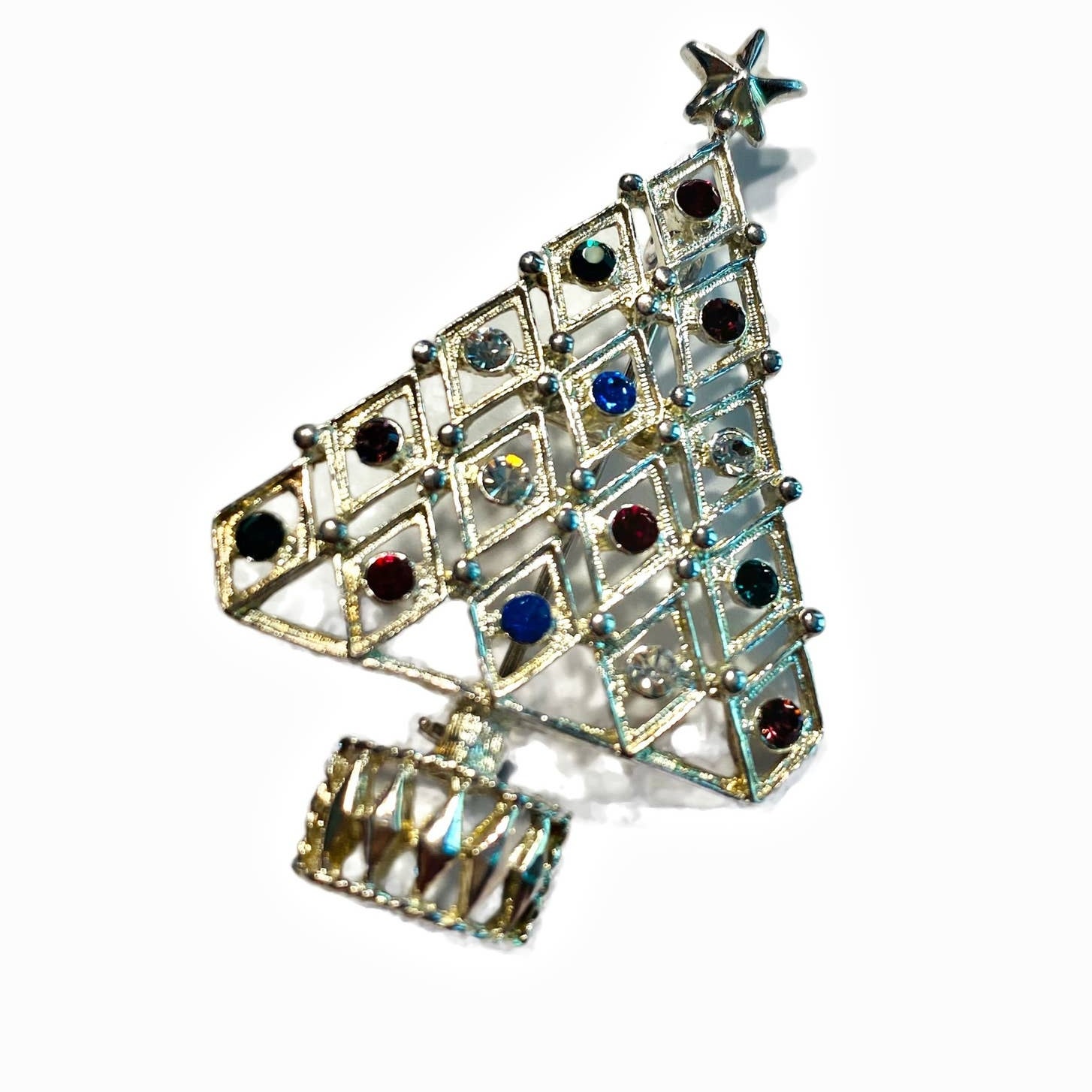 Vintage Eisenberg Ice Christmas Tree Brooch Silvertone Filigree Colorful Stones 24$